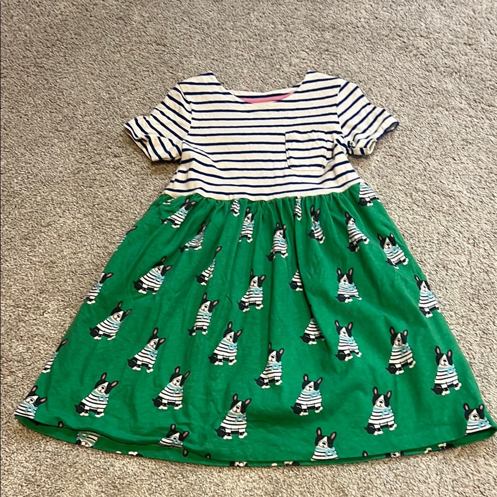 Striped Green Kids Dress with Dog Print